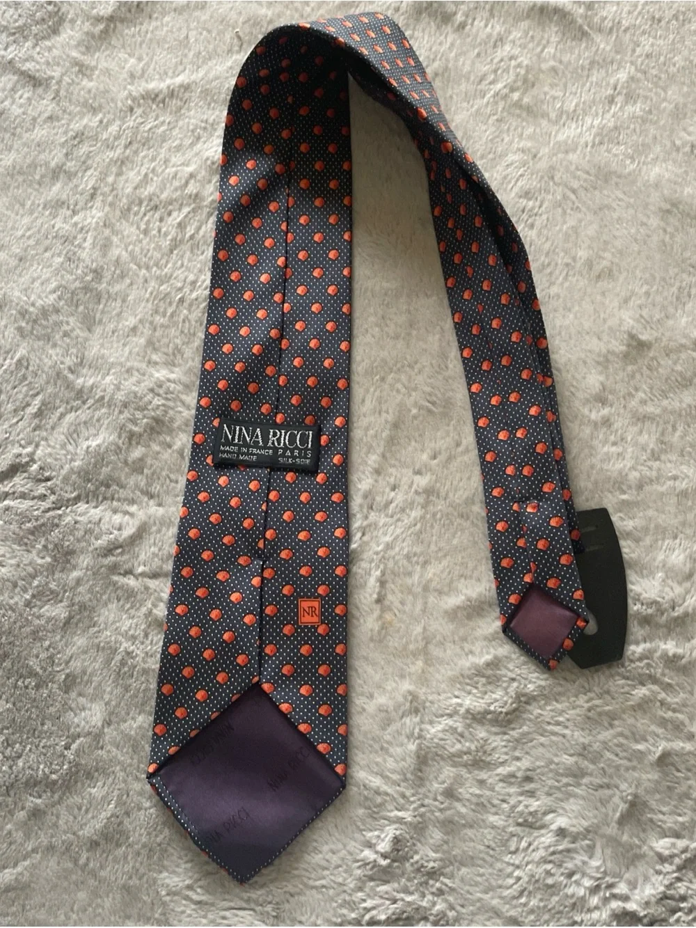 Nina Ricci Navy Tie with Orange Dot Pattern